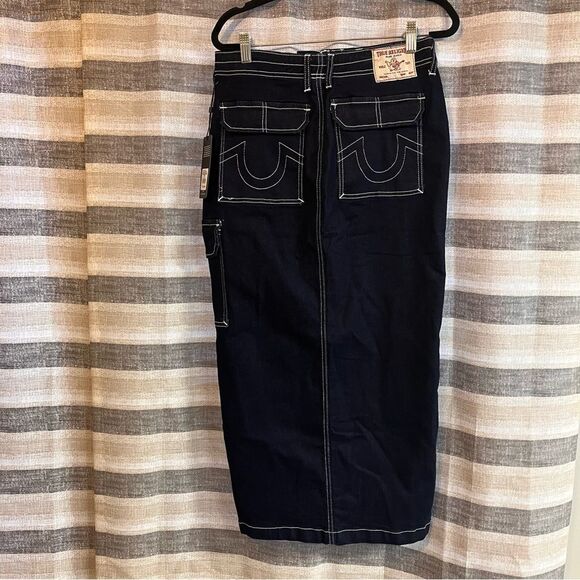 True Religion Darkwash Denim Cargo Maxi Skirt Size 26 - Picture 1 of 8